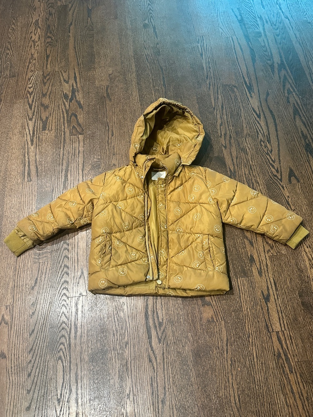 Rylee + Cru Camel Smiley Ski Hooded Kids Mustard Puffer Jacket with Smiley Print